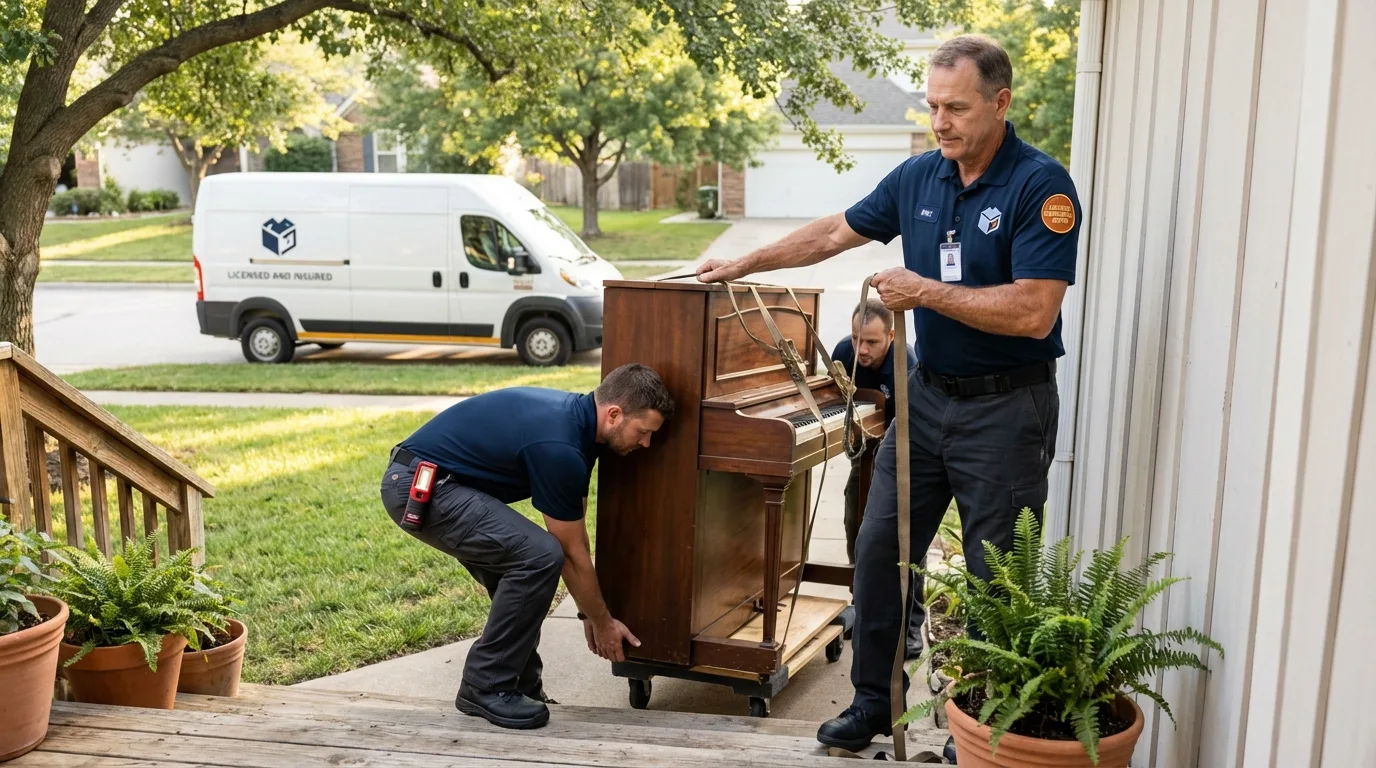 Licensed piano movers securing grand piano in Mandeville, LA