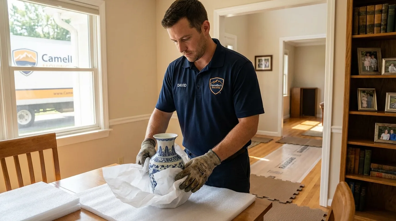 Professional crew carefully wrapping antique vase for senior downsizing move in Mandeville, LA