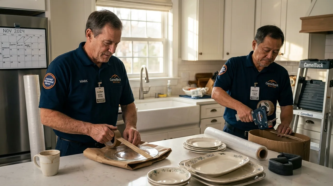 Professional crew packing kitchen dishware in Mandeville, LA